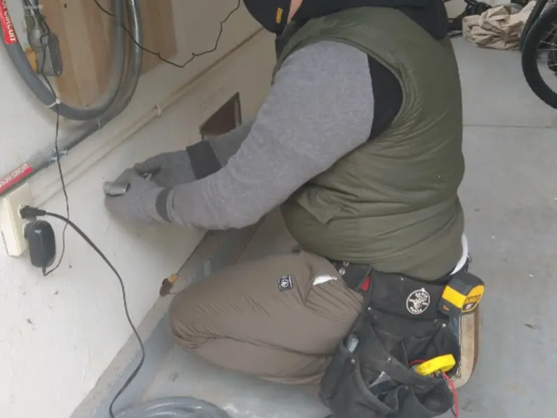Electrician performing outlet wiring in a Morgan garage